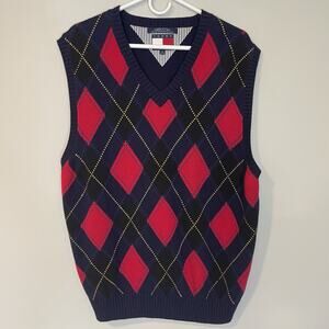 Vtg 90s Tommy Hilfiger Mens XL Knit V Neck Argyle Diamond Sweater Vest Golf‎